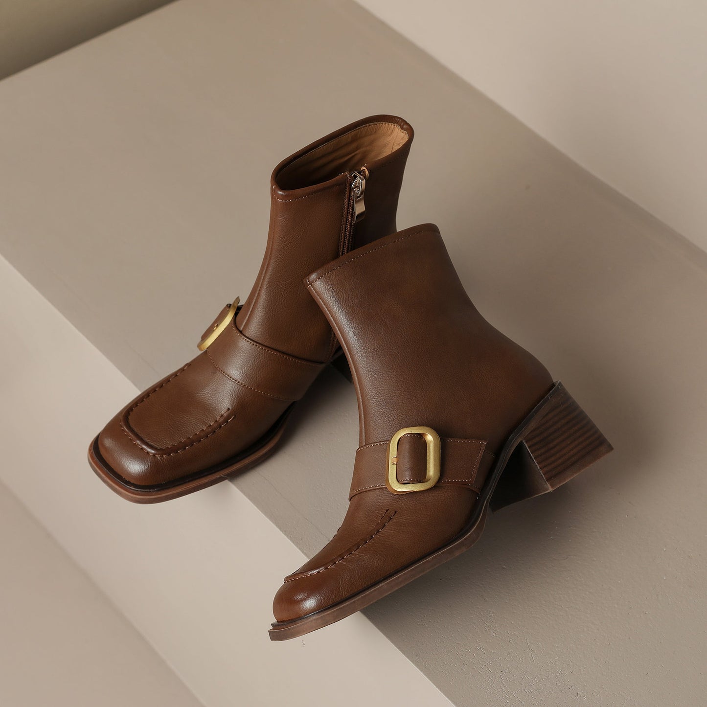 Nine Seven Handmade Women's Genuine Leather Décor Buckle Side Zipper Square Toe Mid Chunky Heel Ankle Boots