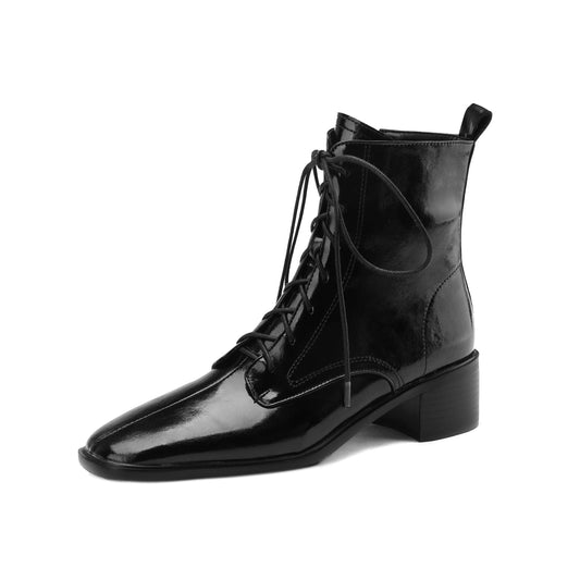 Nine Seven Women's Genuine Leather Square Toe Handmade Lace Up with Zipper Low Chunky Heels Cool Ankle Boots