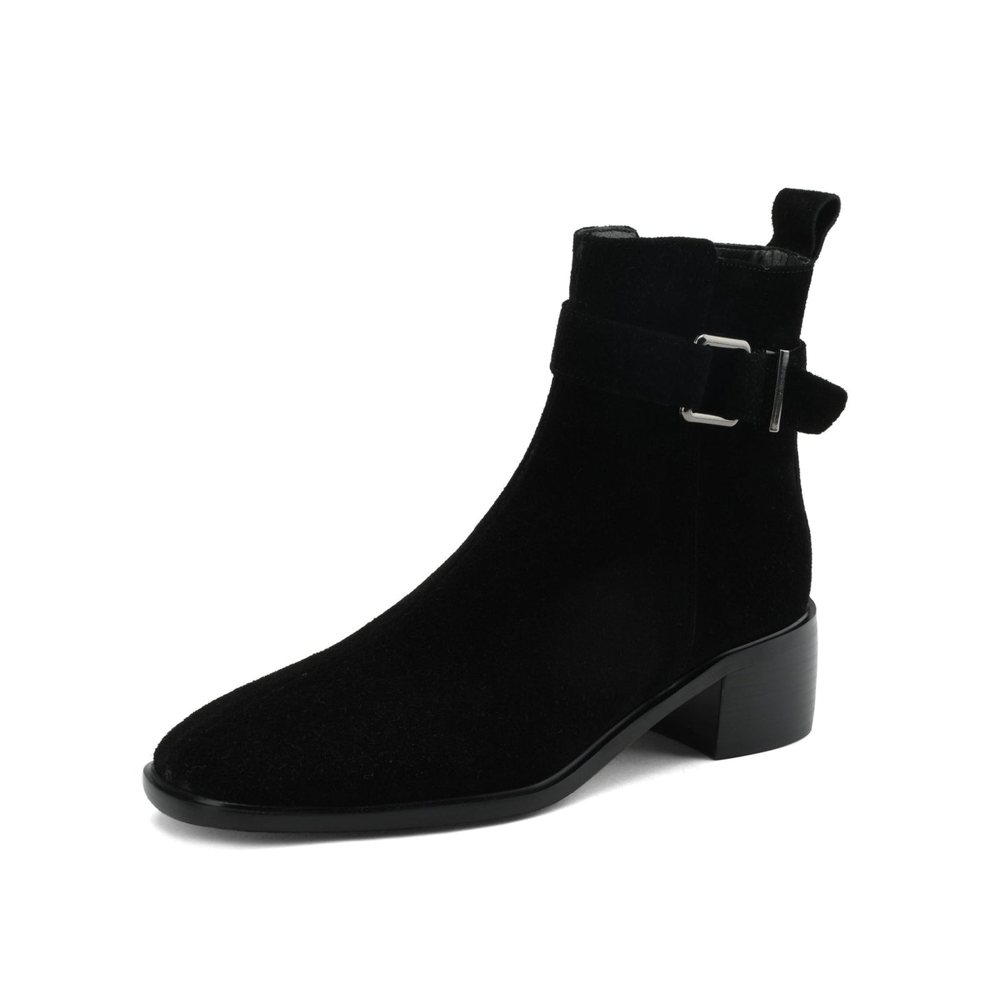 Nine Seven Women's Square Toe Suede Leather Handmade Buckle Side Zip Up Ankle Boots with Chunky Heels