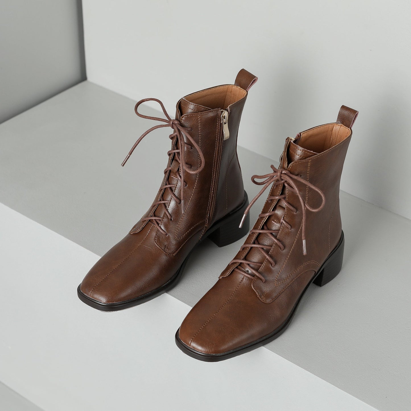 Nine Seven Women's Genuine Leather Square Toe Handmade Lace Up with Zipper Low Chunky Heels Cool Ankle Boots