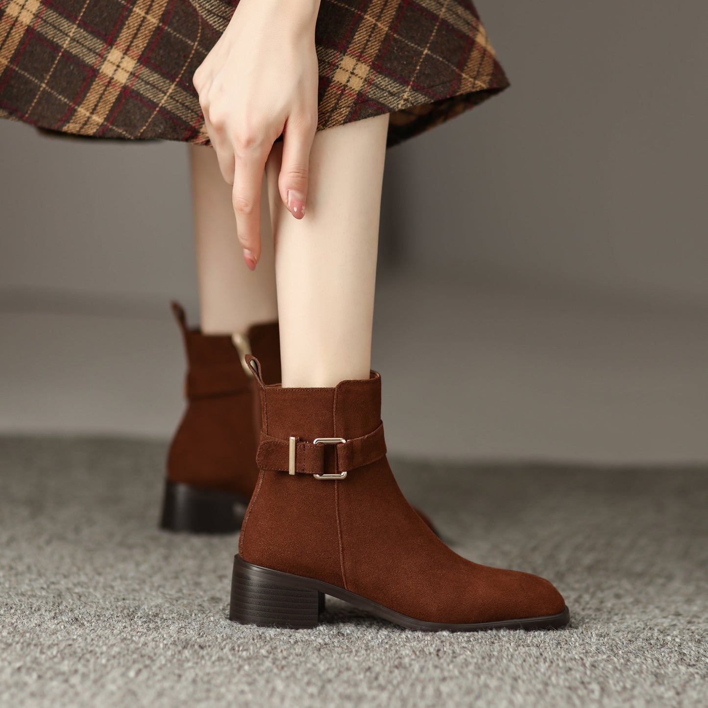 Nine Seven Women's Square Toe Suede Leather Handmade Buckle Side Zip Up Ankle Boots with Chunky Heels