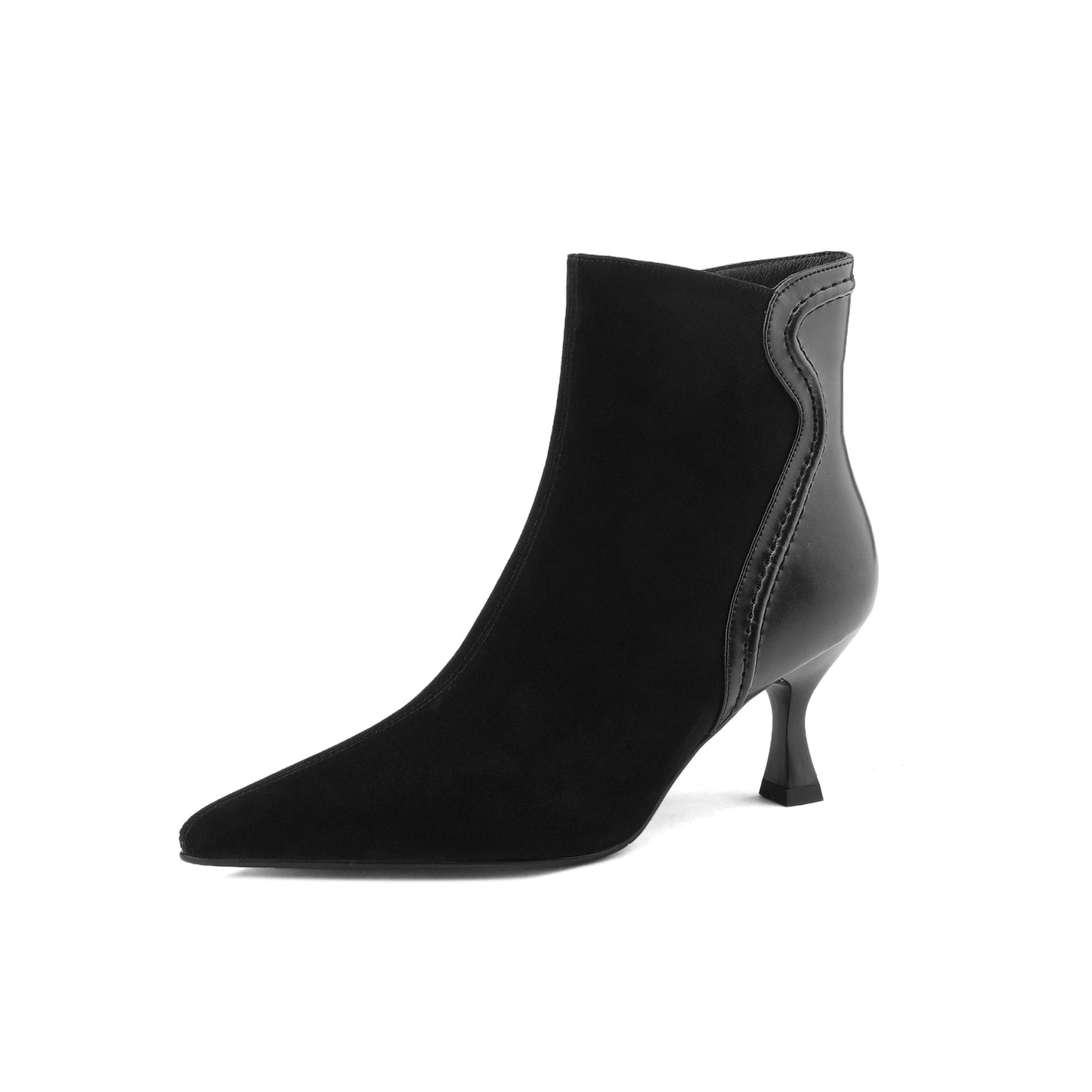 Nine Seven Handmade Women's Patchwork Leather Side Zipper Pointed Toe Sexy Kitten Heel Ankle Boots