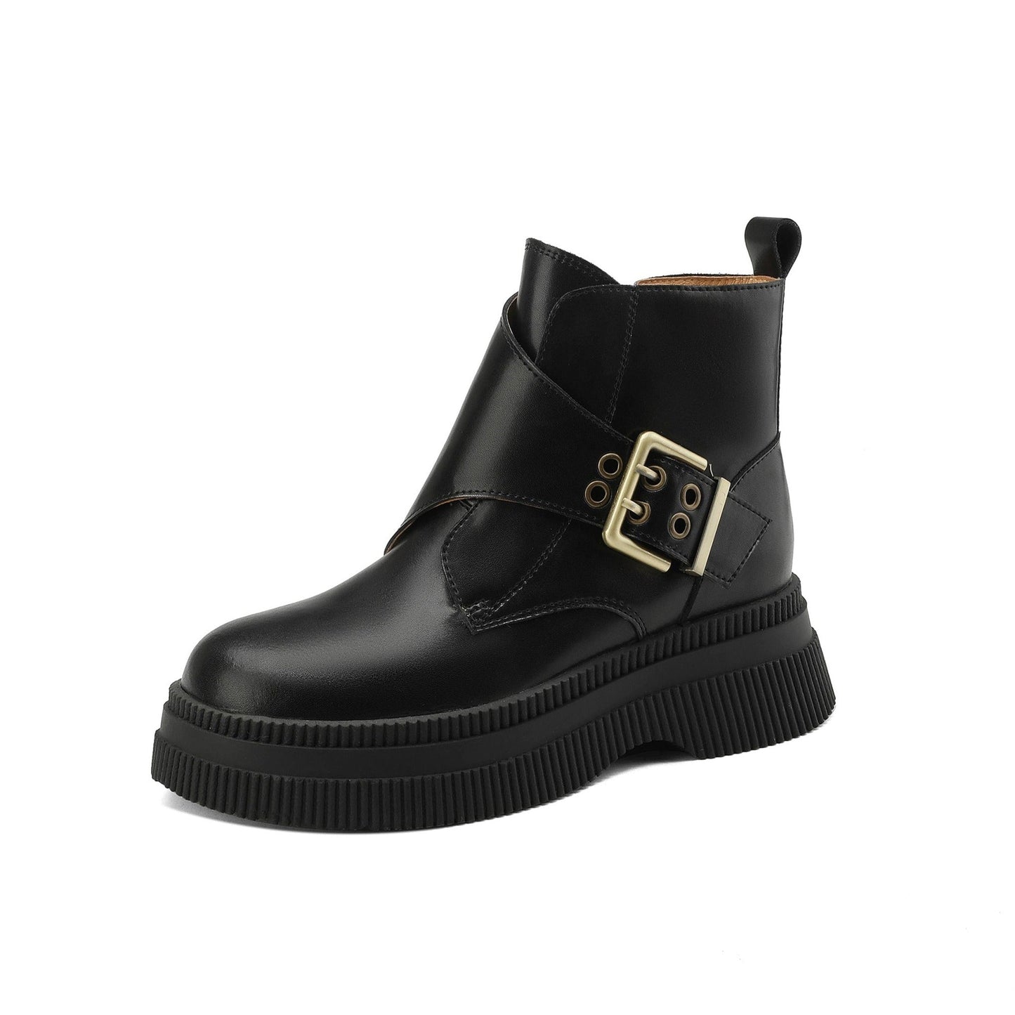 Nine Seven Handmade Women's Genuine Leather Side Zip Buckle Round Toe Low Block Heel Platform Boots