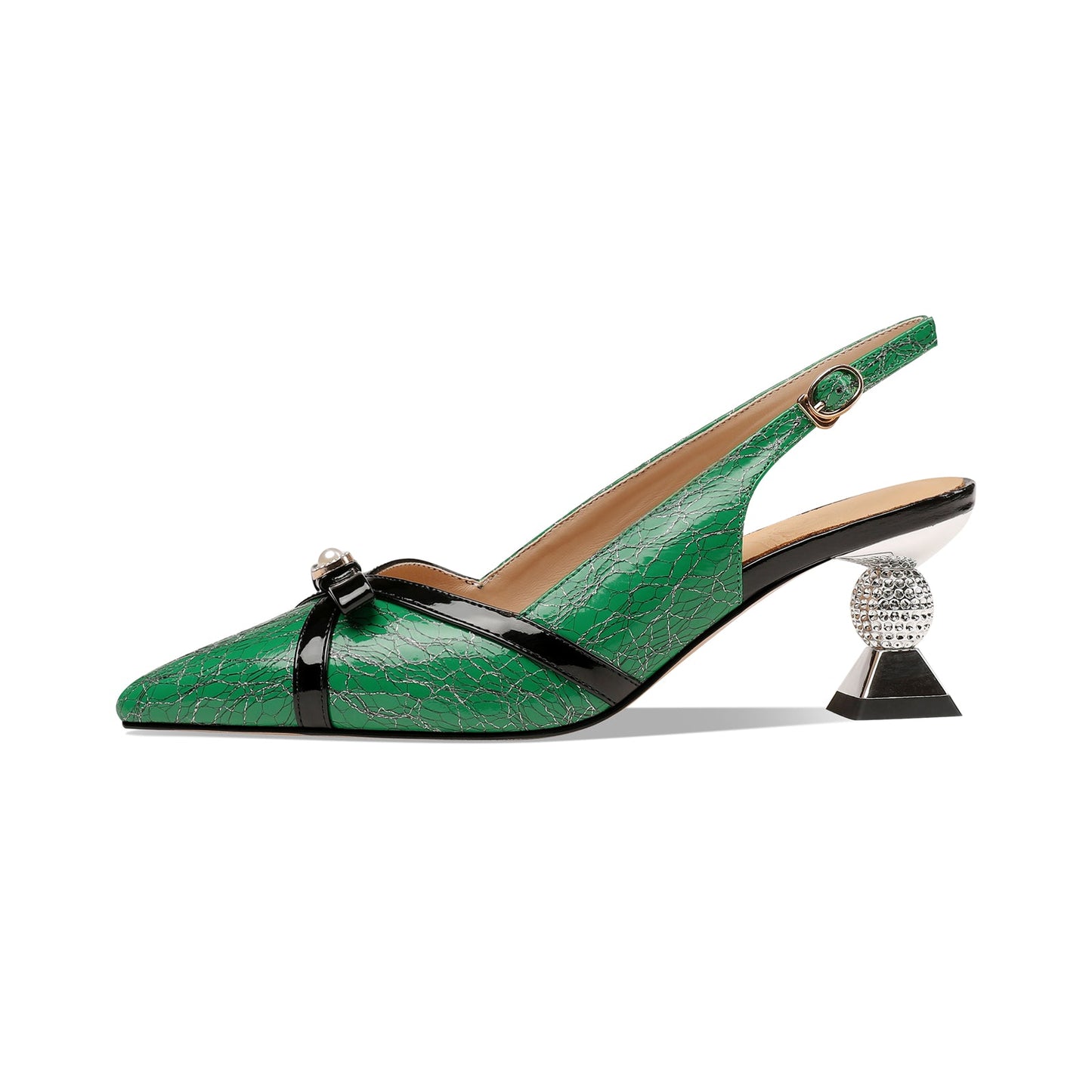 Nine Seven Genuine Leather Women's Handmade Exquisite Heel Pointed Toe Slingback Sandal Pumps with Bowtie
