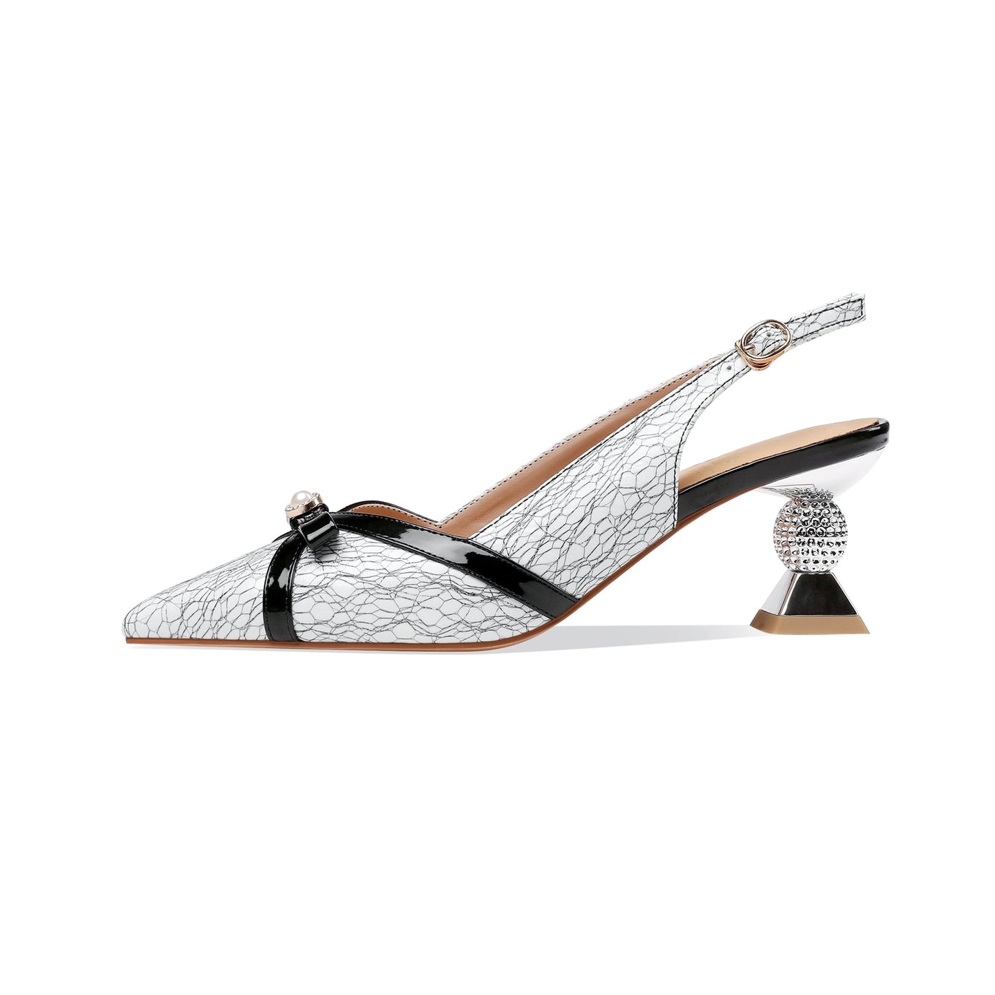 Nine Seven Genuine Leather Women's Handmade Exquisite Heel Pointed Toe Slingback Sandal Pumps with Bowtie