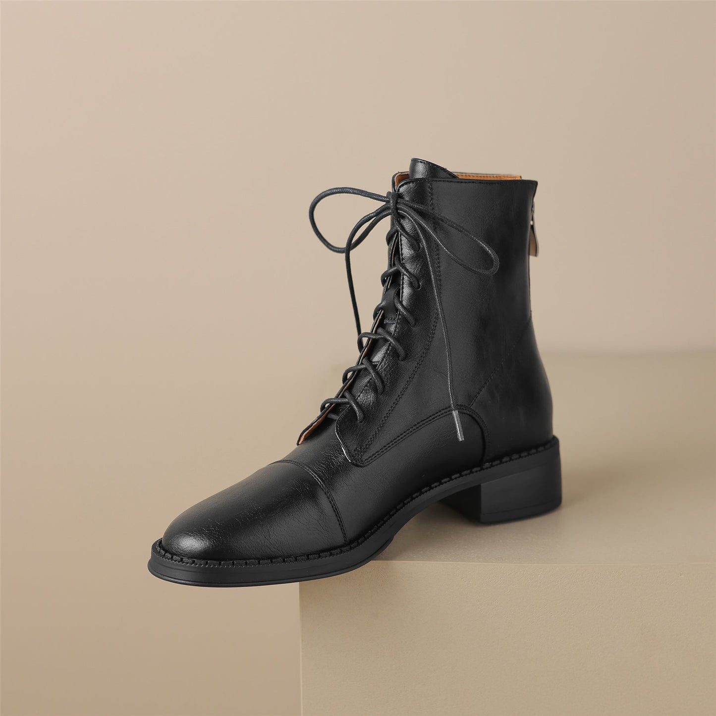 Nine Seven Handmade Women's Genuine Leather Back Zipper Round Toe Low Chunky Heel Selftie Ankle Boots