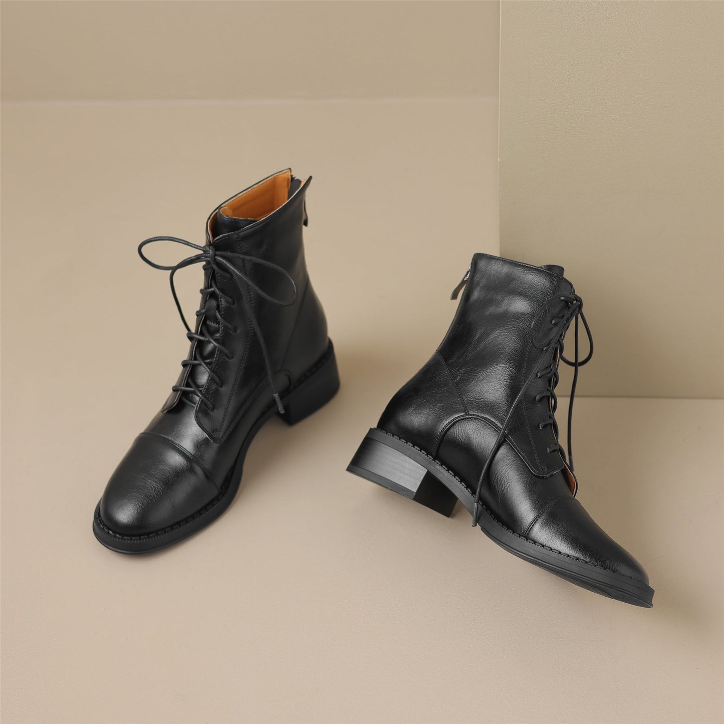 Nine Seven Handmade Women's Genuine Leather Back Zipper Round Toe Low Chunky Heel Selftie Ankle Boots