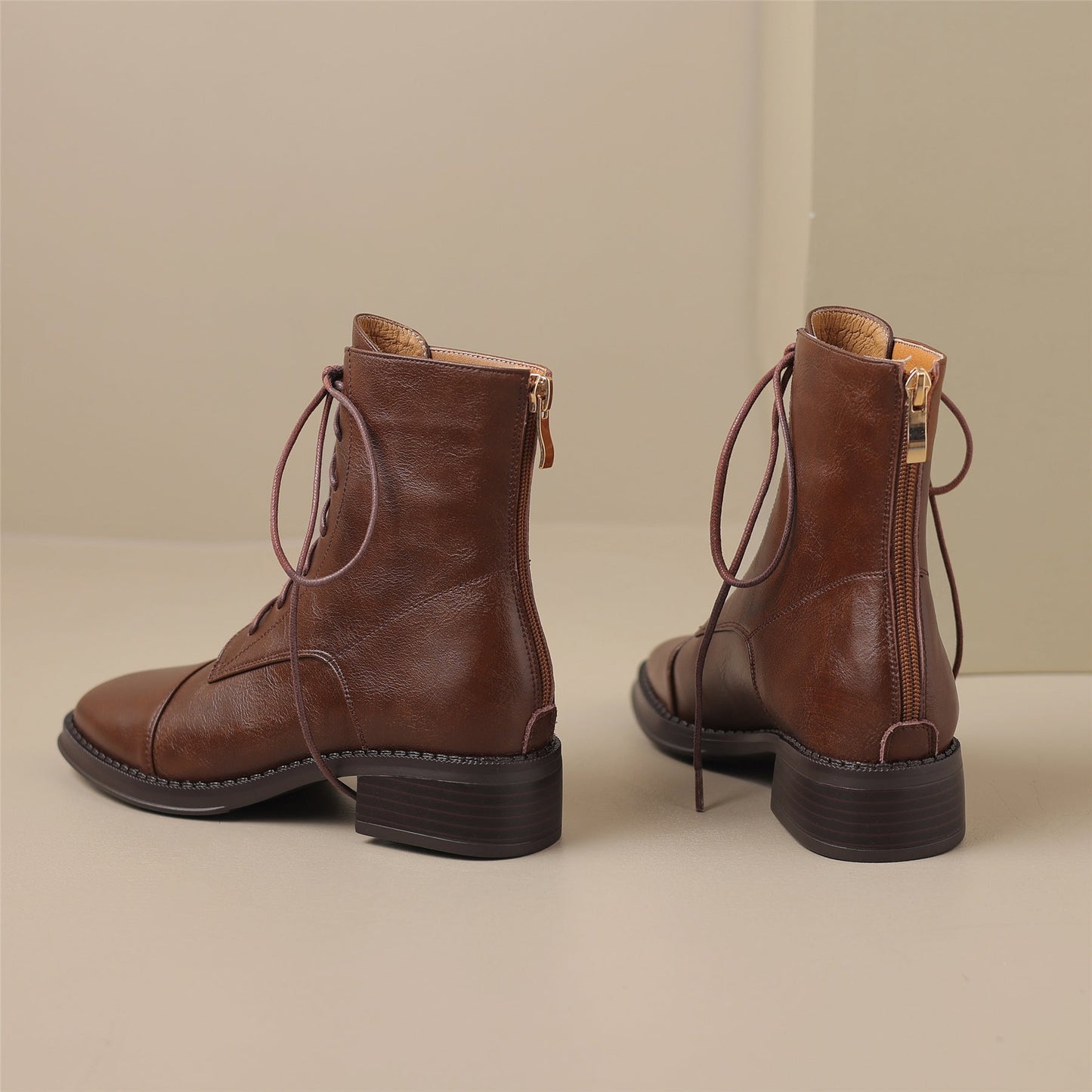 Nine Seven Handmade Women's Genuine Leather Back Zipper Round Toe Low Chunky Heel Selftie Ankle Boots