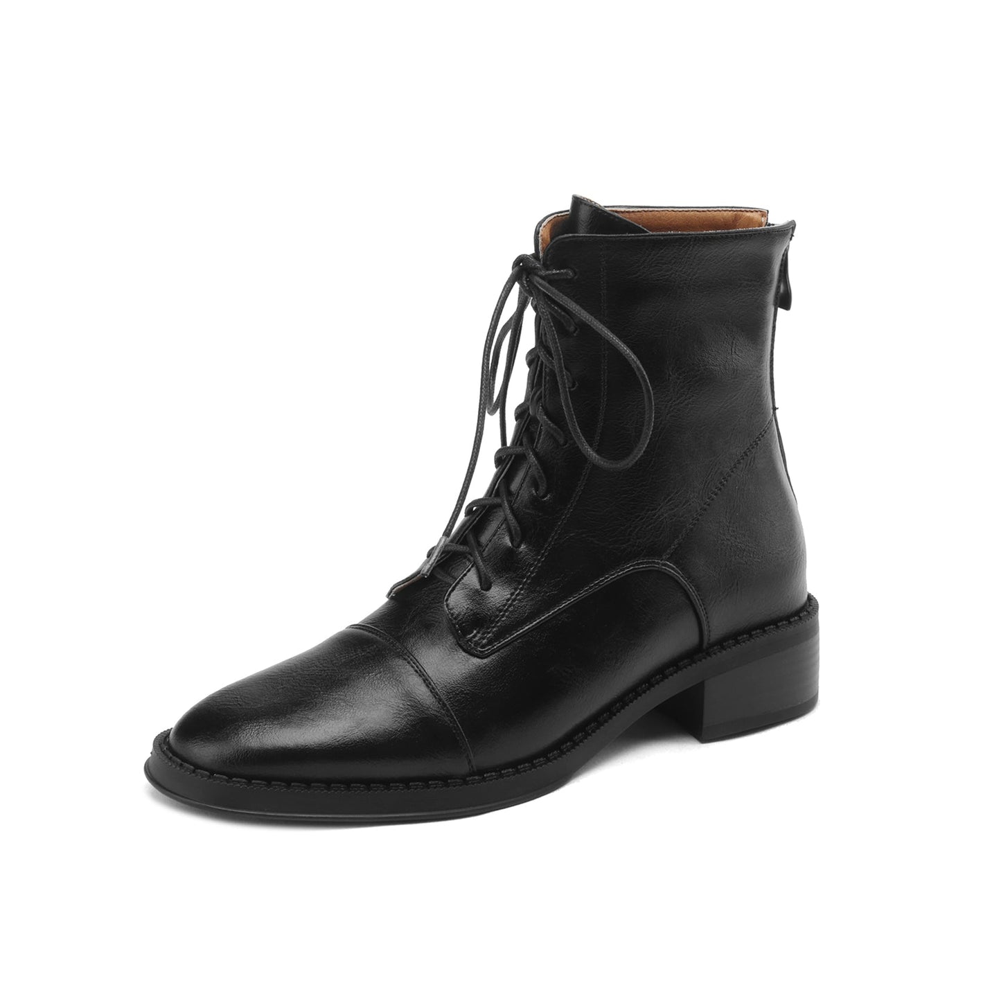 Nine Seven Handmade Women's Genuine Leather Back Zipper Round Toe Low Chunky Heel Selftie Ankle Boots