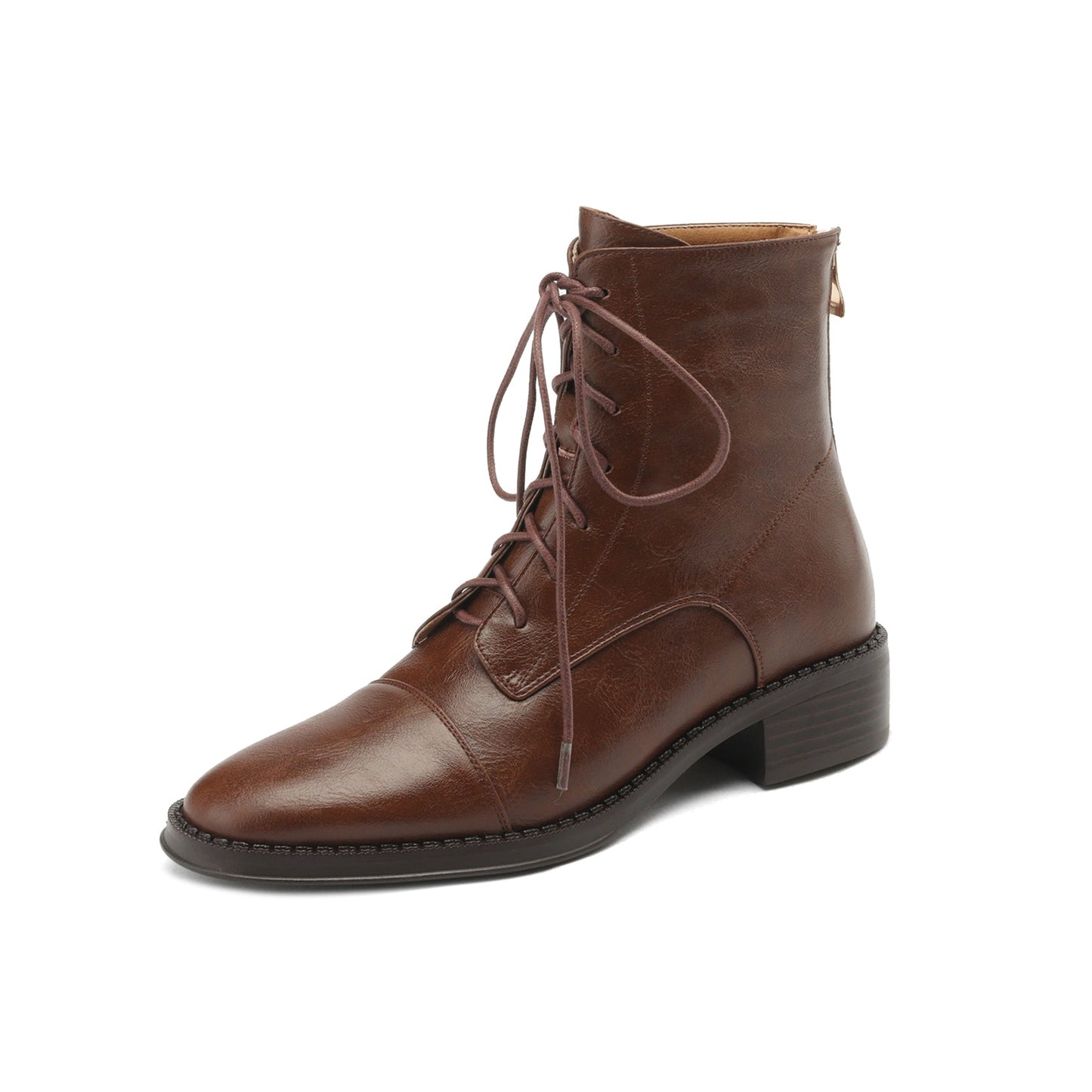 Nine Seven Handmade Women's Genuine Leather Back Zipper Round Toe Low Chunky Heel Selftie Ankle Boots