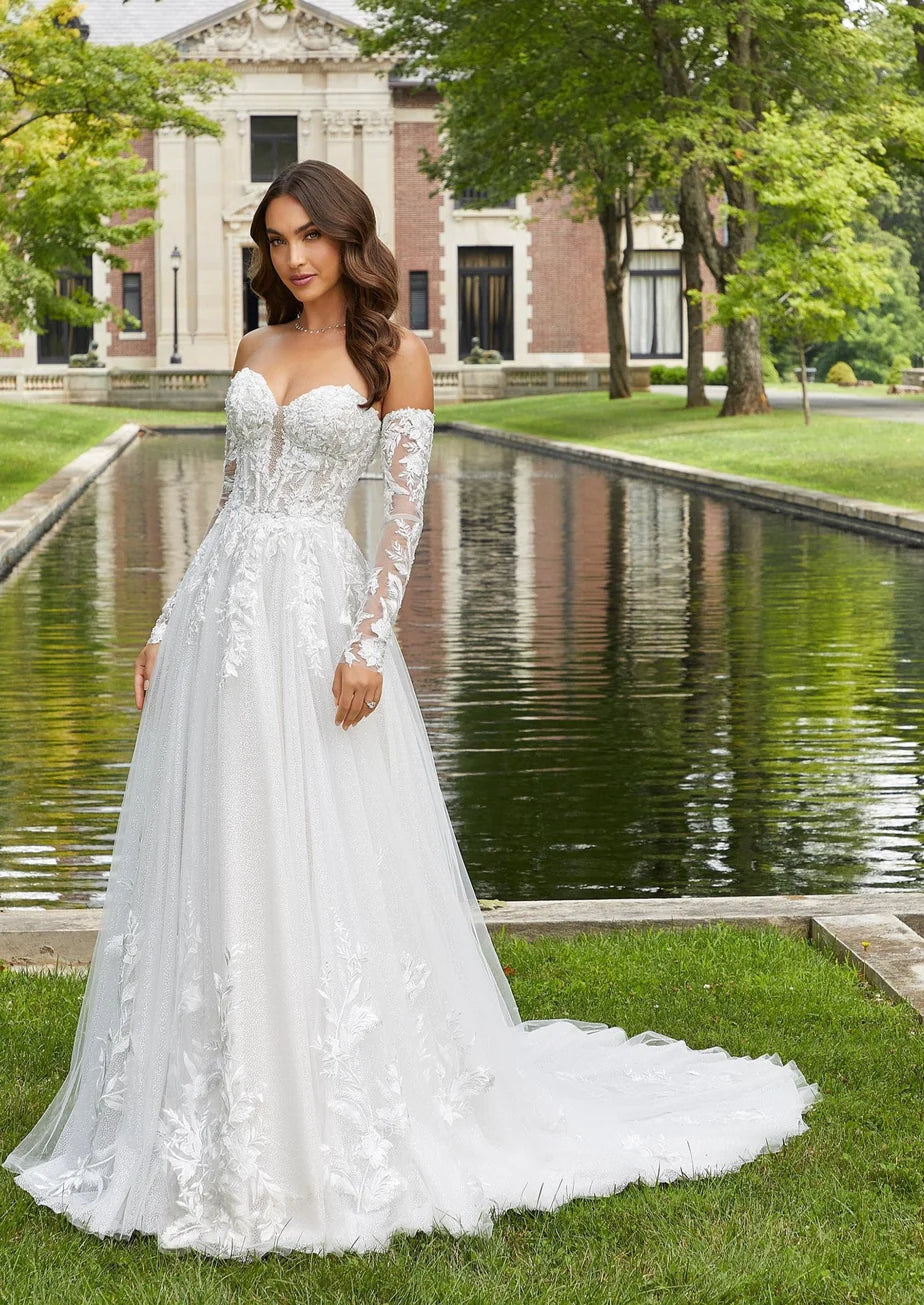 Nine Seven Tube Top Button Romantic Embroidered Floral Appliques Beads Bridal A-Line Wedding Dress Customization