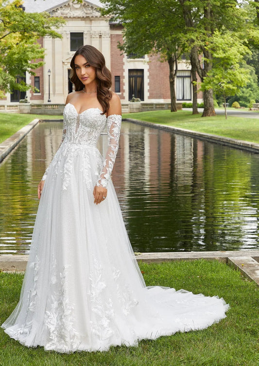 Nine Seven Tube Top Button Romantic Embroidered Floral Appliques Beads Bridal A-Line Wedding Dress Customization
