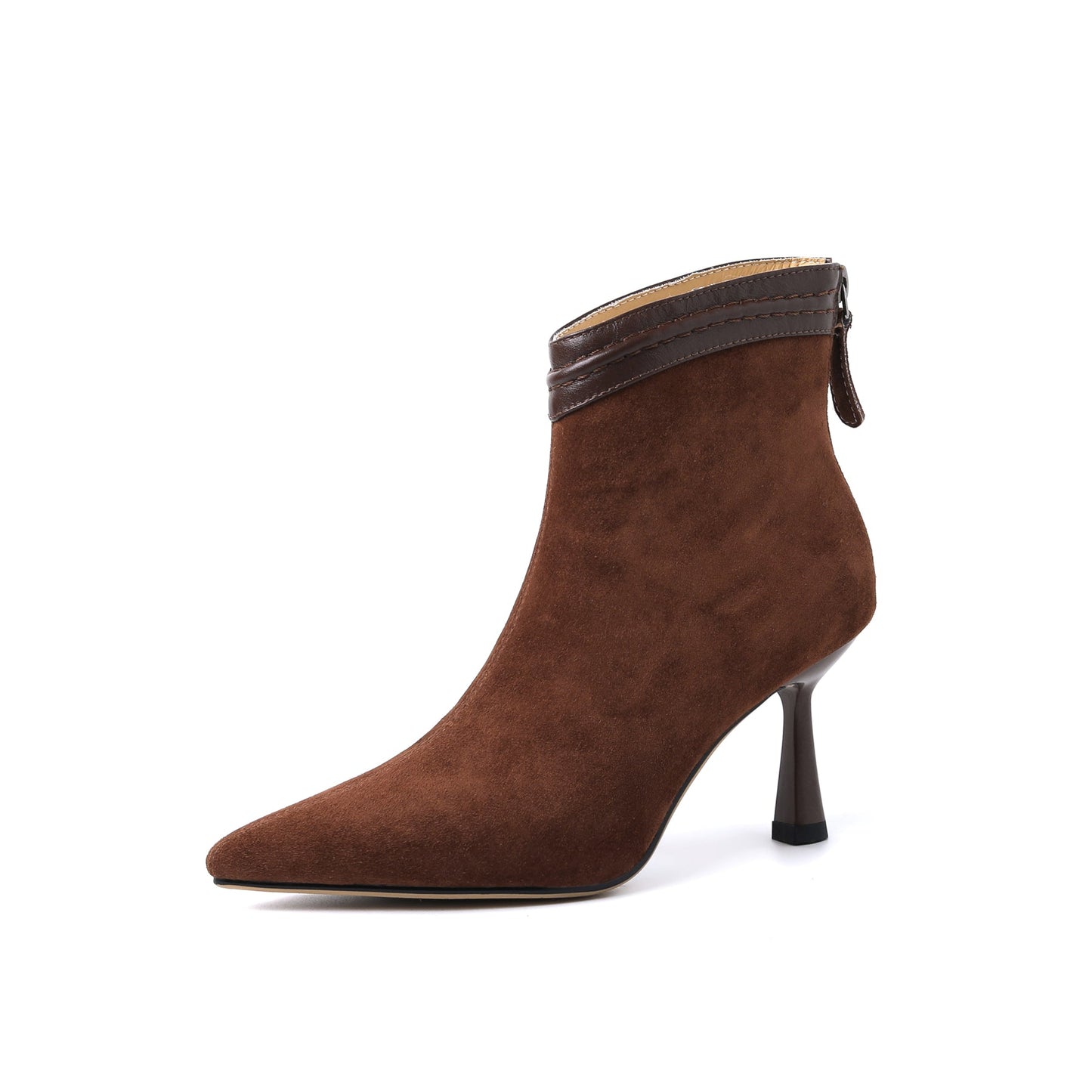 Nine Seven Handmade Women's Suede Leather Slip On Pointed Toe High Kittened Heel Back Zipper Ankle Boots