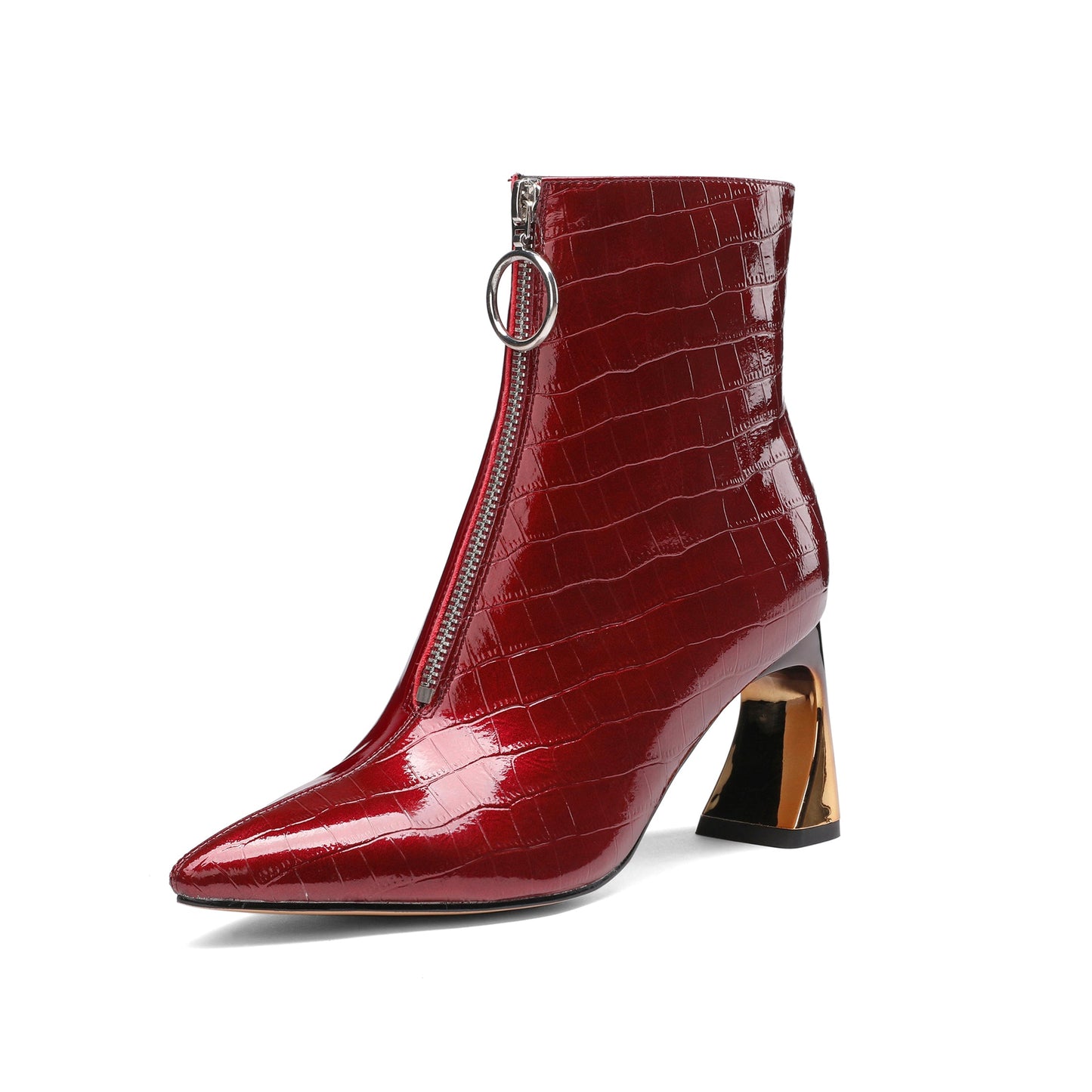 Nine Seven Women's Handmade Patent Leather Pointed Toe Stylish Front Zip Up High Spool Heel Ankle Boots