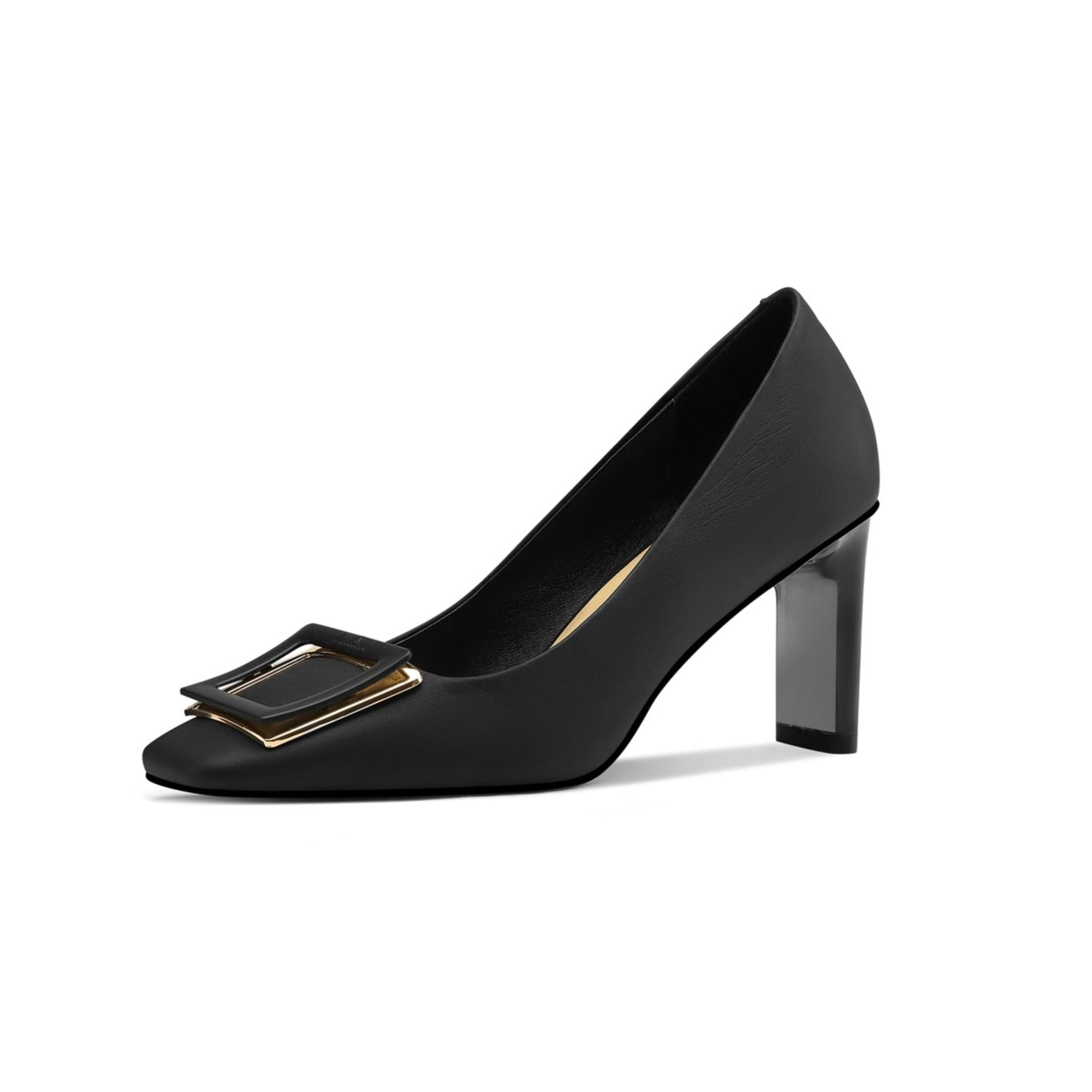 Nine Seven Women's Genuine Leather Handmade Square Toe Mid Chunky Heels Stylish Pumps Shoes with Buckle Décor