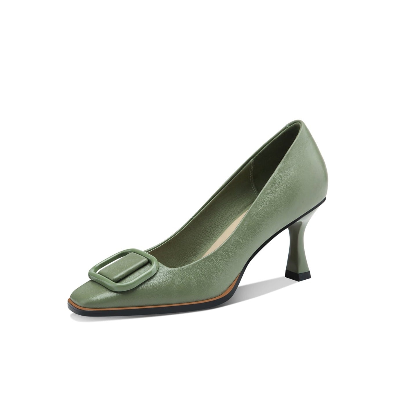 Nine Seven Women's Genuine Leather Square Toe Handmade Stiletto Mid Heels Pumps Shoes with Buckle