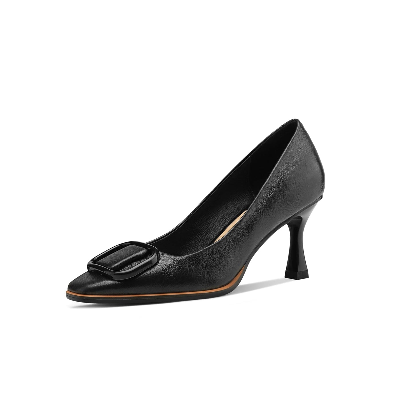 Nine Seven Women's Genuine Leather Square Toe Handmade Stiletto Mid Heels Pumps Shoes with Buckle