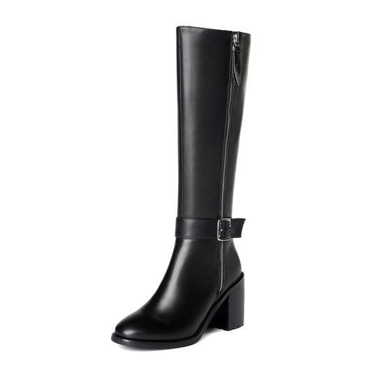 Nine Seven Women's Genuine Leather Round Toe Handmade Buckled Dual Zippers High Chunky Heels Stylish Knee High Boots