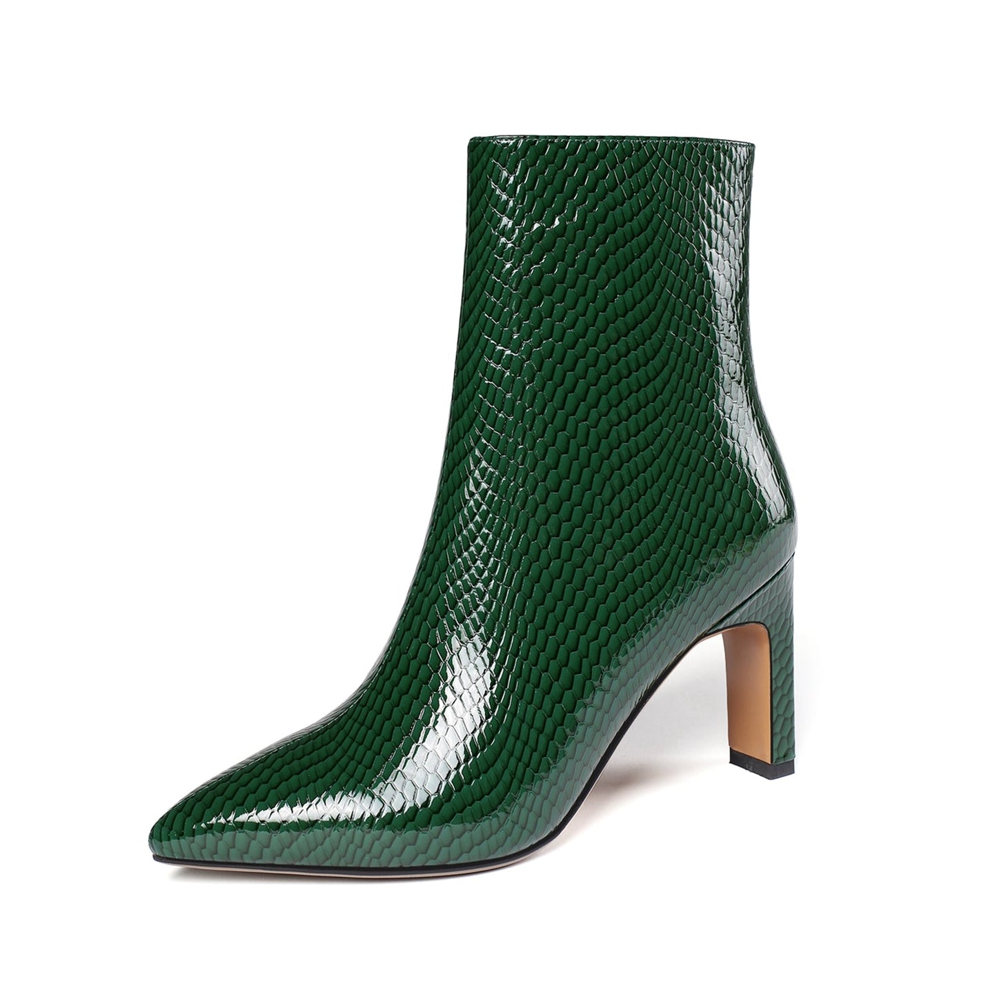 Nine Seven Women's Patent Leather Handmade Side Zip Pointed Toe High Chunky Heel Dress Ankle Boots