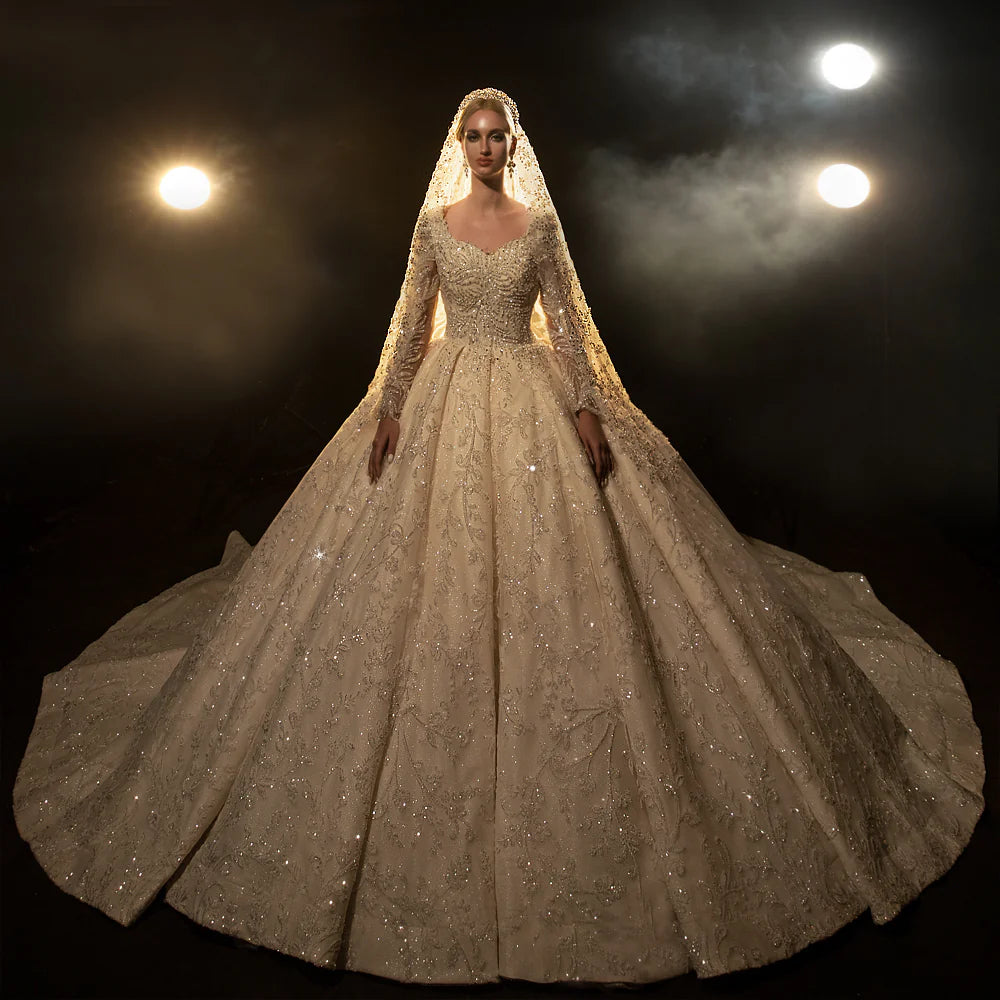 BelaCustom Long Sleeves Sparkly Sequin Lace Appliques Square Neck Bridal Ball Grown Wedding Dress Customization