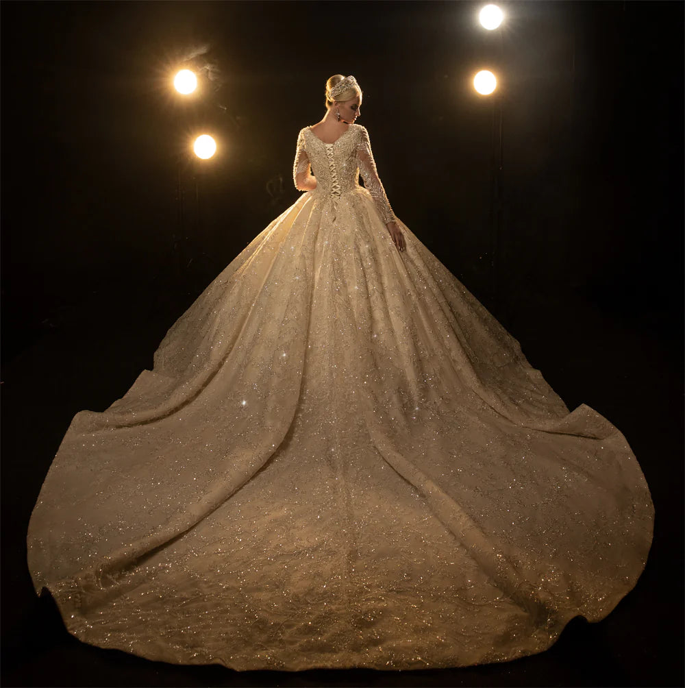 BelaCustom Long Sleeves Sparkly Sequin Lace Appliques Square Neck Bridal Ball Grown Wedding Dress Customization