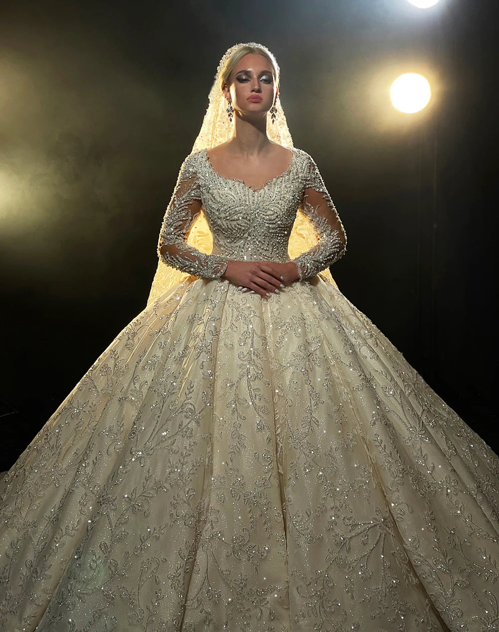 BelaCustom Long Sleeves Sparkly Sequin Lace Appliques Square Neck Bridal Ball Grown Wedding Dress Customization