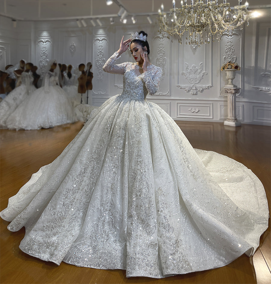 Nine Seven Lace Appliques Rhinestones Crystal Luxury Long Wedding Dress Customization