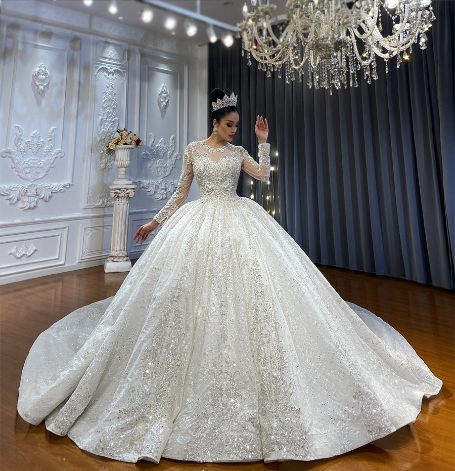 Nine Seven Lace Appliques Rhinestones Crystal Luxury Long Wedding Dress Customization