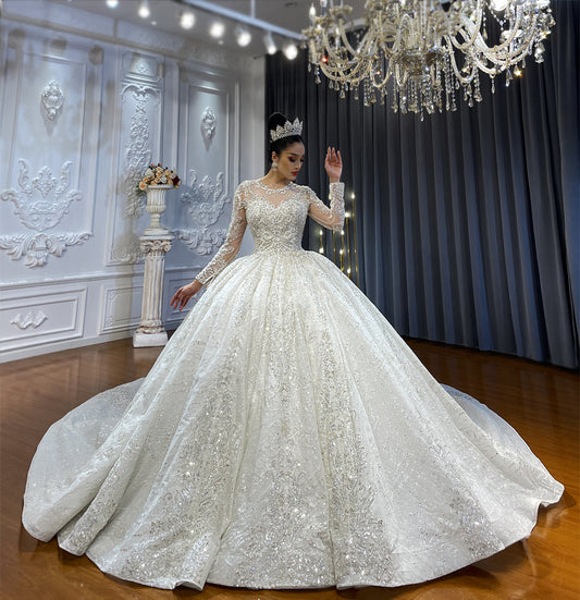 Nine Seven Lace Appliques Rhinestones Crystal Luxury Long Wedding Dress Customization