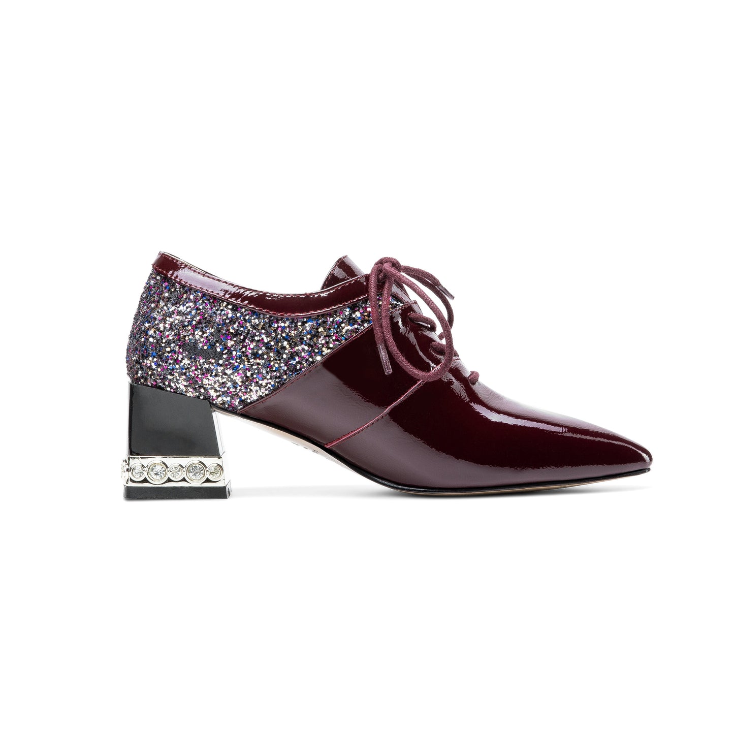 Nine Seven Women's Handmade Genuine Leather Pointed Toe Mid Chunky Heel Lace Up Comfortable Pump Shoes with Sparkling Glitter