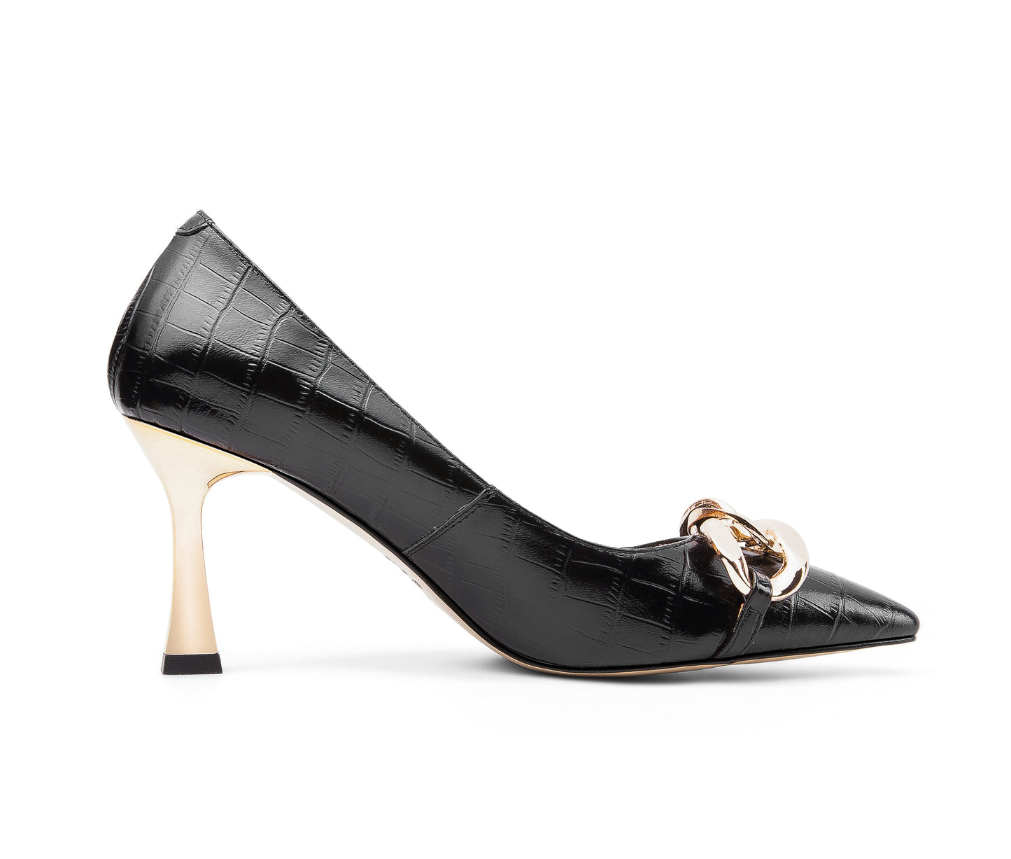 Nine Seven Women's Genuine Leather Handmade Pointed Toe Sexy Mental High Kitten Heel Slip On Loafer Pumps with Mental Pattern Decor