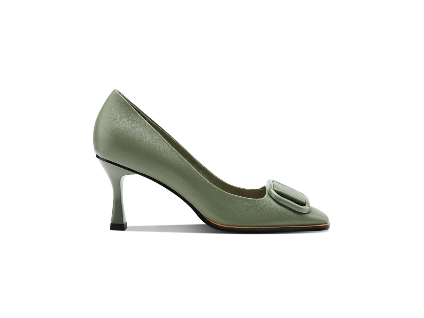 Nine Seven Women's Genuine Leather Square Toe Handmade Stiletto Mid Heels Pumps Shoes with Buckle