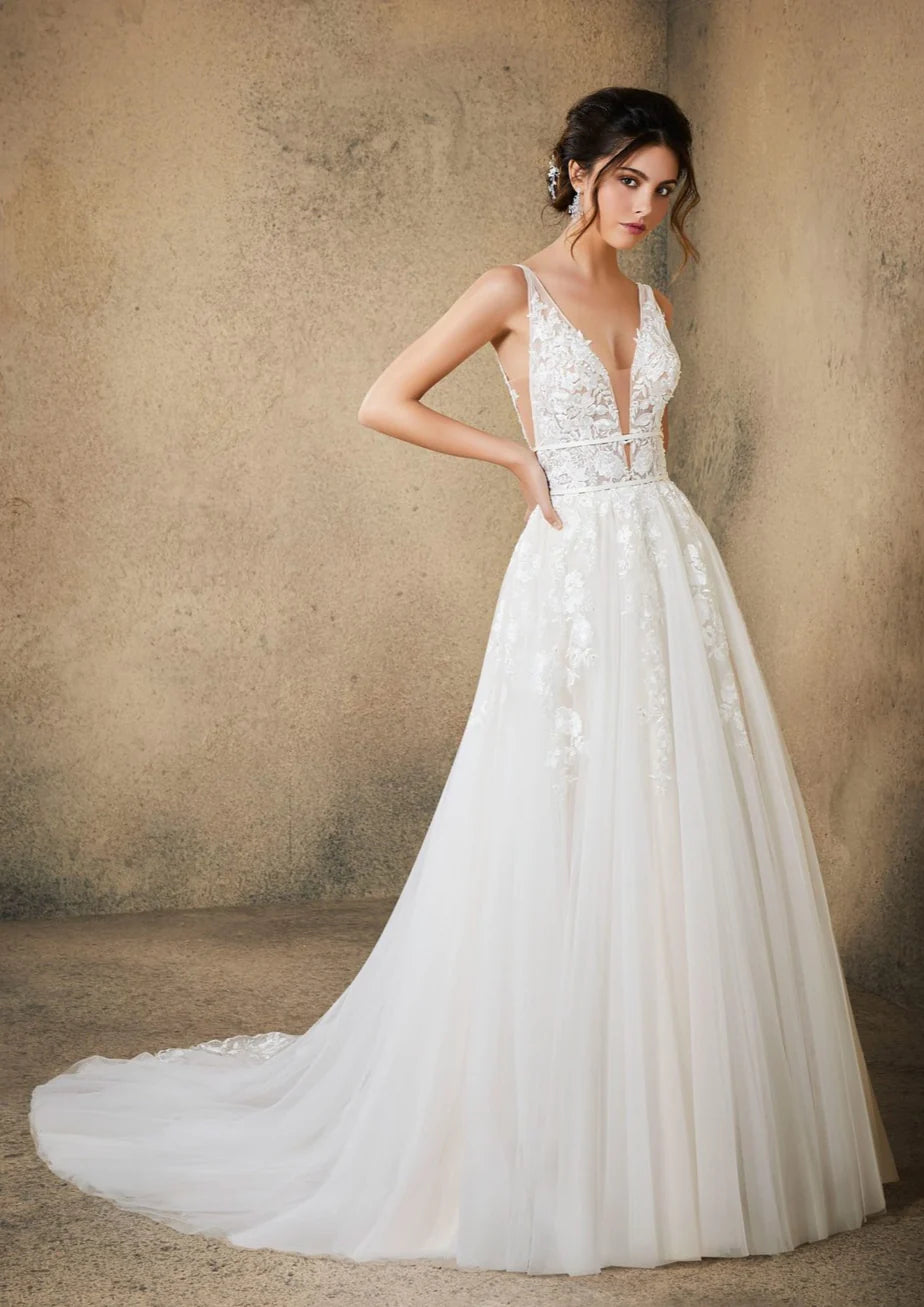 Nine Seven Plug V-Neck Floral Appliques Low V Back A-Line Wedding Dress Customization