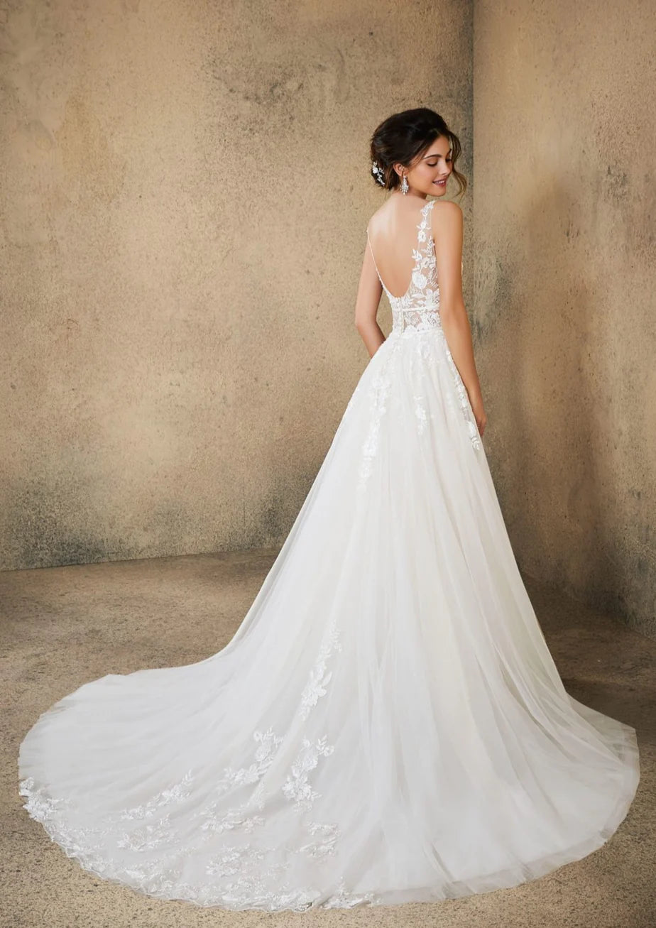 Nine Seven Plug V-Neck Floral Appliques Low V Back A-Line Wedding Dress Customization