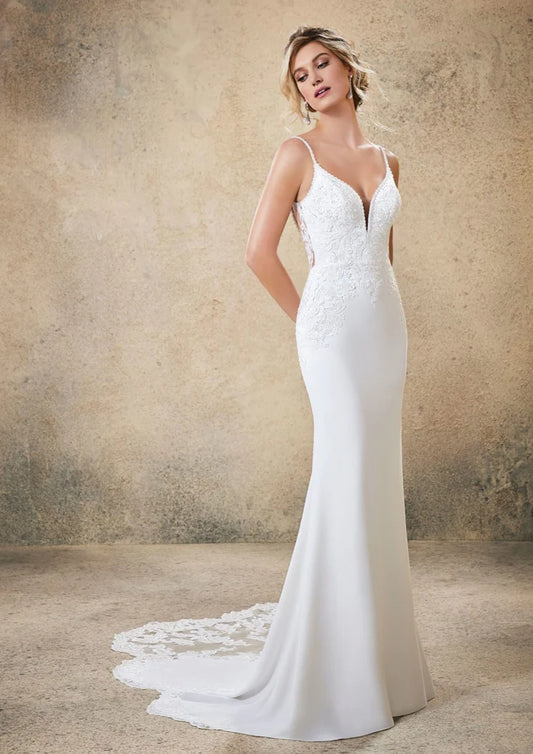 Nine Seven Plunging V-Neckline Low and Open Scoop Back Bohemian Bridal Grown Wedding Dress Customization