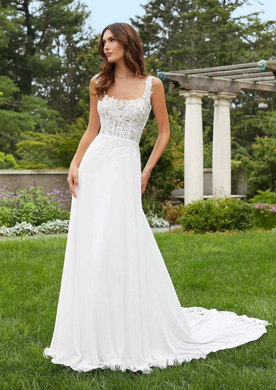 Nine Seven Lace Straps Embroidered Appique Chiffon A-Line Bridal Wedding Dress Customization