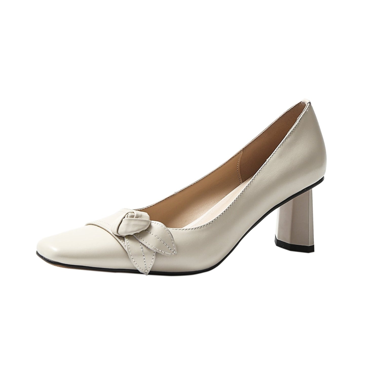 Nine Seven Women's Handmade Genuine Leather Square Toe Mid Chunky Heel Slip On Elegant Pump Shoes with Floral Pattern