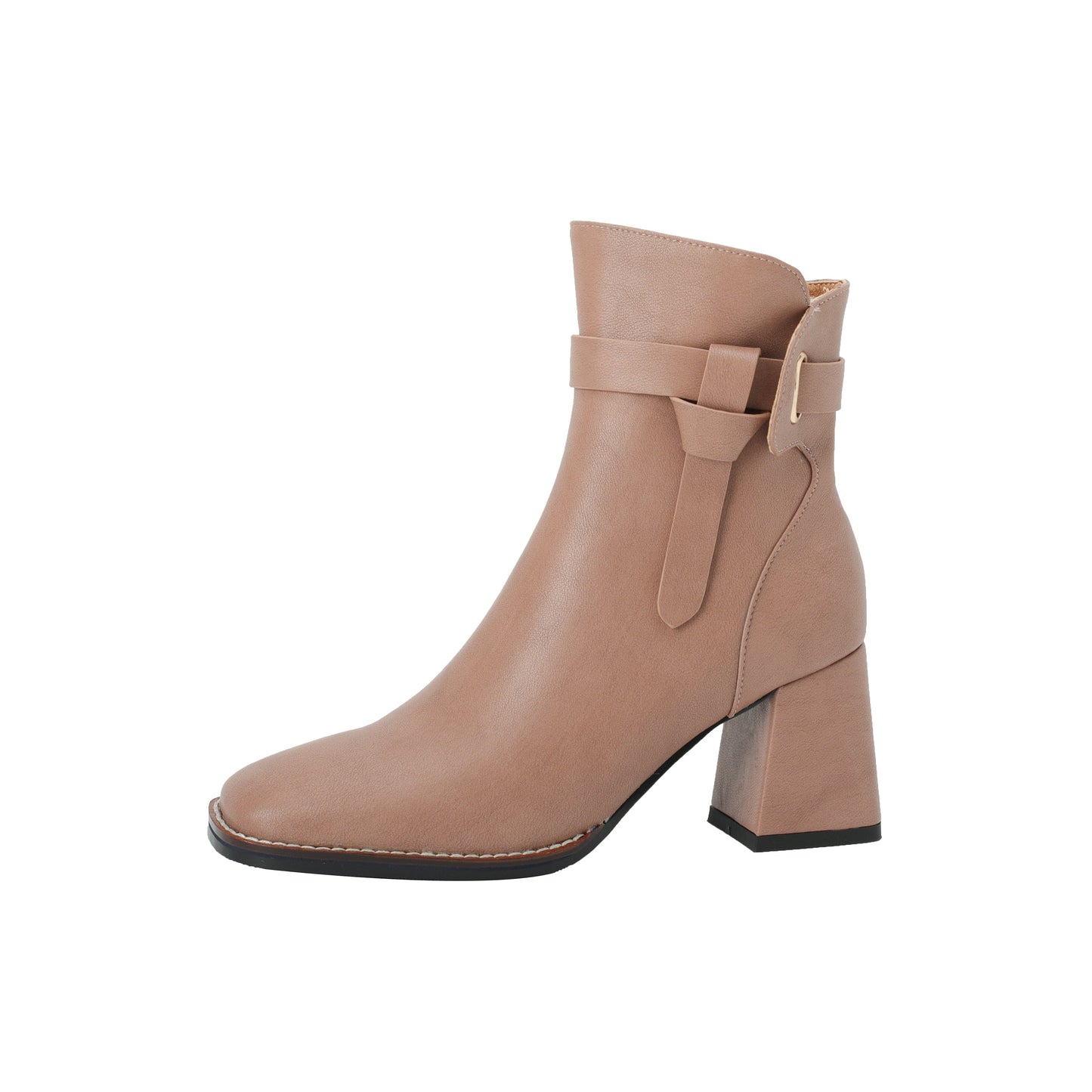 Nine Seven Women's Genuine Leather Handmade Buckle Belt Side Zip Up Square Toe Mid Block Heel Ankle Boots