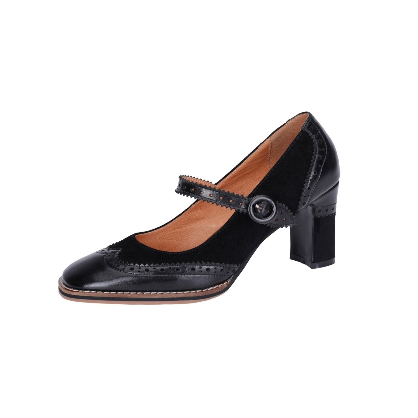 Nine Seven Women's Genuine Leather Handmade Lace Buckle Slip On Square Toe High Block Heel Mary Jane Pumps Shoes