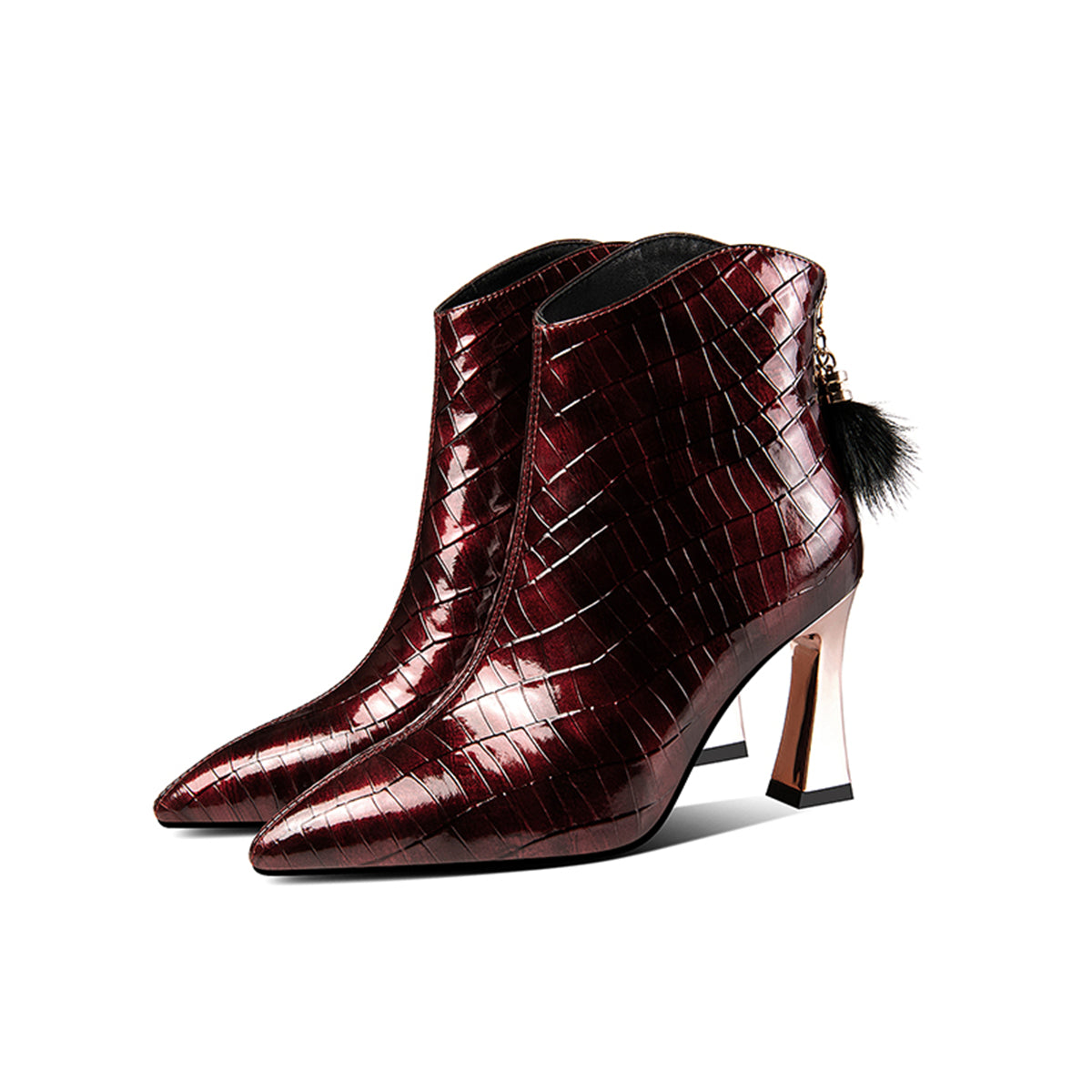 Nine Seven Patent Leather Women's Handmade Pointed Toe High Heel Back Zip Up Fur Pendant Ankle Booties