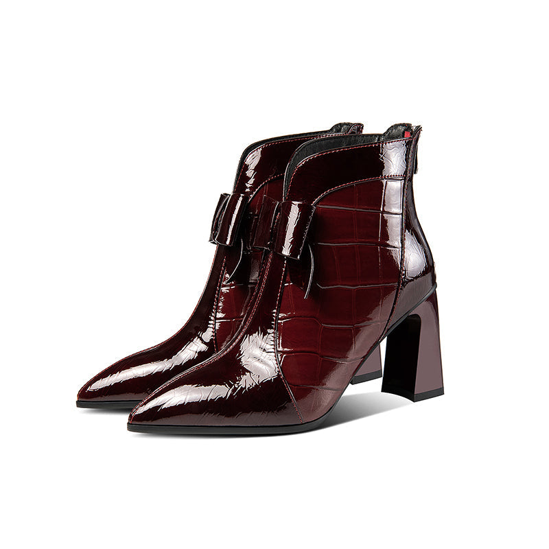 Nine Seven Patent Leather Women's Handmade Pointed Toe High Heel Glossy Bowknot Ankle Booties with Back Zip