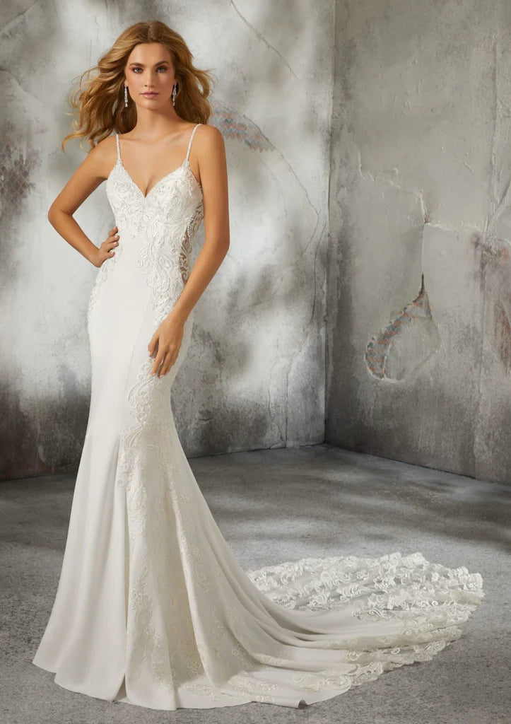 Nine Seven Plunging V-Neckline Spaghetti Strap Open Scoop Back Bohemian Wedding Dress Customization