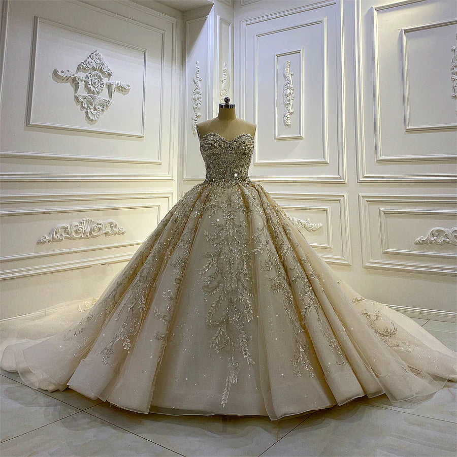 Nine Seven Lace Appliqued Strapless Court Train Ball Grown Sleeveless Wedding Dress Customization