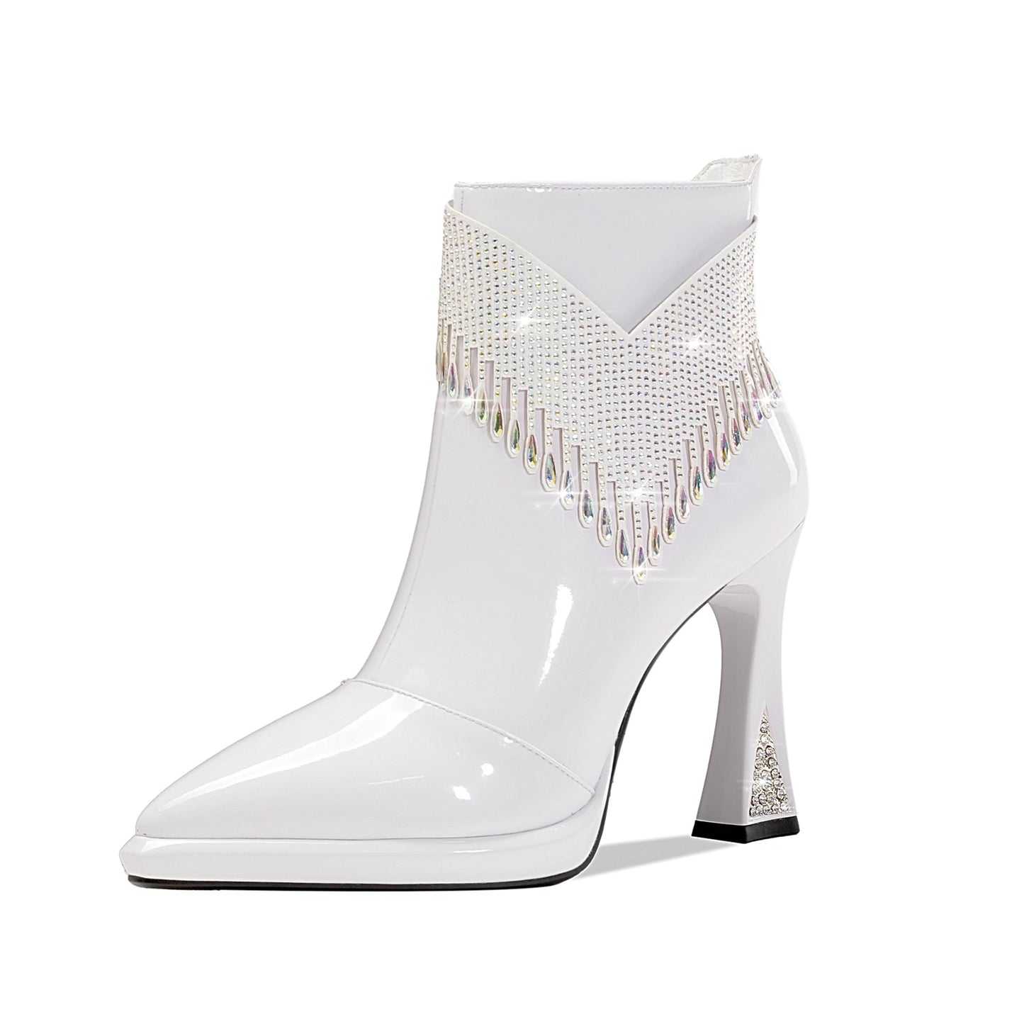 Nine Seven Women's Pointed Toe Patent Leather Handmade Rhinestones Decor Zip Up High Heels Ankle Boots