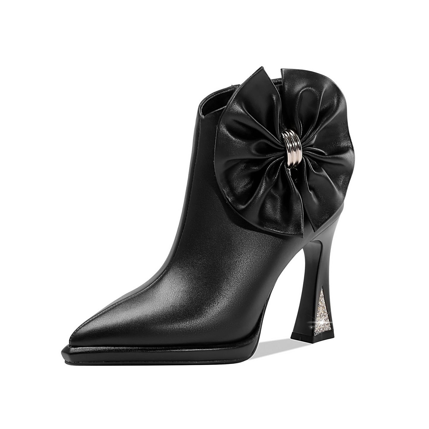 Nine Seven Women's Pointed Toe Genuine Leather Handmade Side Zipper High Heels Stylish Ankle Boots with Bowknot