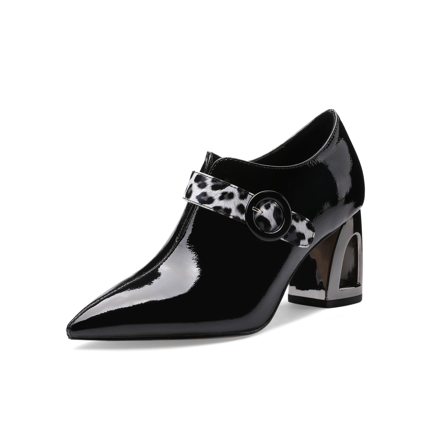 Nine Seven Women's Handmade Patent Leather Pointed Toe Mid Chunky Heel V-Shaped Side Zip Up Pumps with Modern Buckle Decor