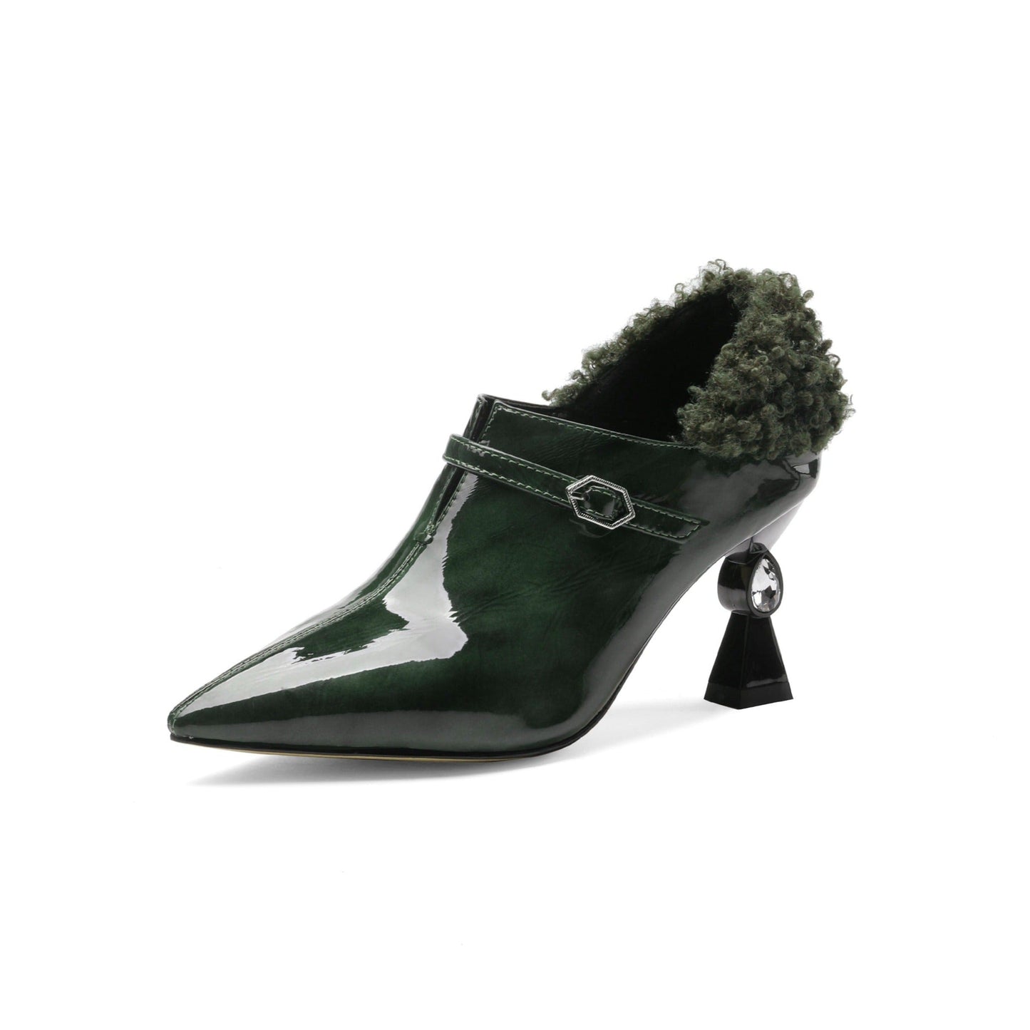 Nine Seven Women's Genuine/Patent Leather Handmade Exquisite High Heel Pointed Toe Graceful Slip On V-Shaped Pump Shoes with Buckle