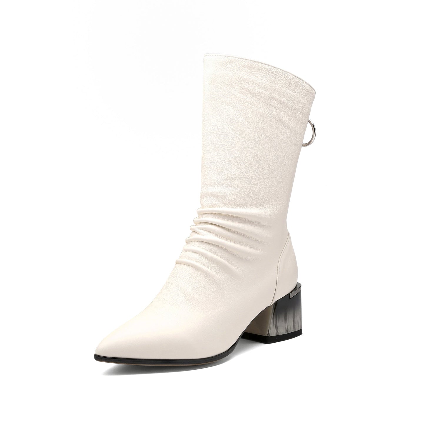 Nine Seven Women's Handmade Genuine Leather Pointed Toe Gradient Color Mid Block Heel Back Zip Up Trendy Ruffle Mid-Calf Boots