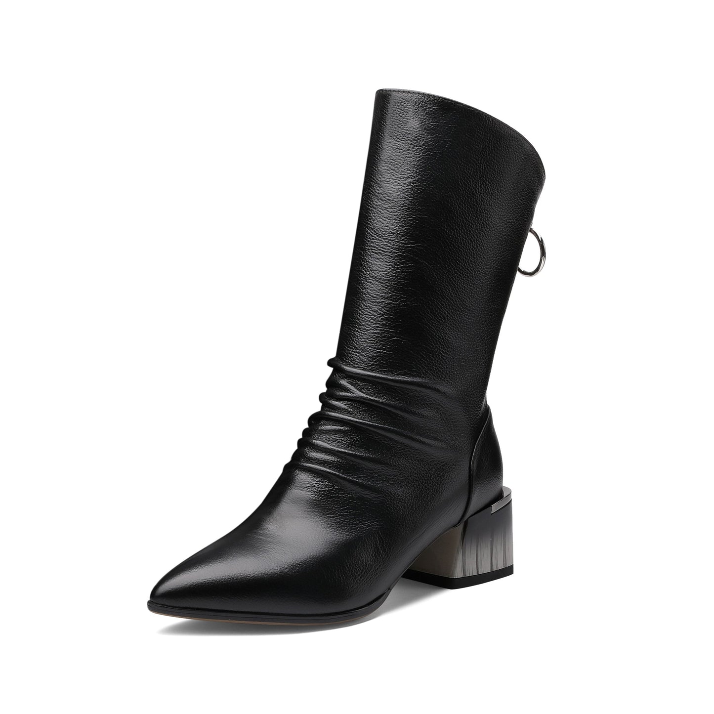 Nine Seven Women's Handmade Genuine Leather Pointed Toe Gradient Color Mid Block Heel Back Zip Up Trendy Ruffle Mid-Calf Boots