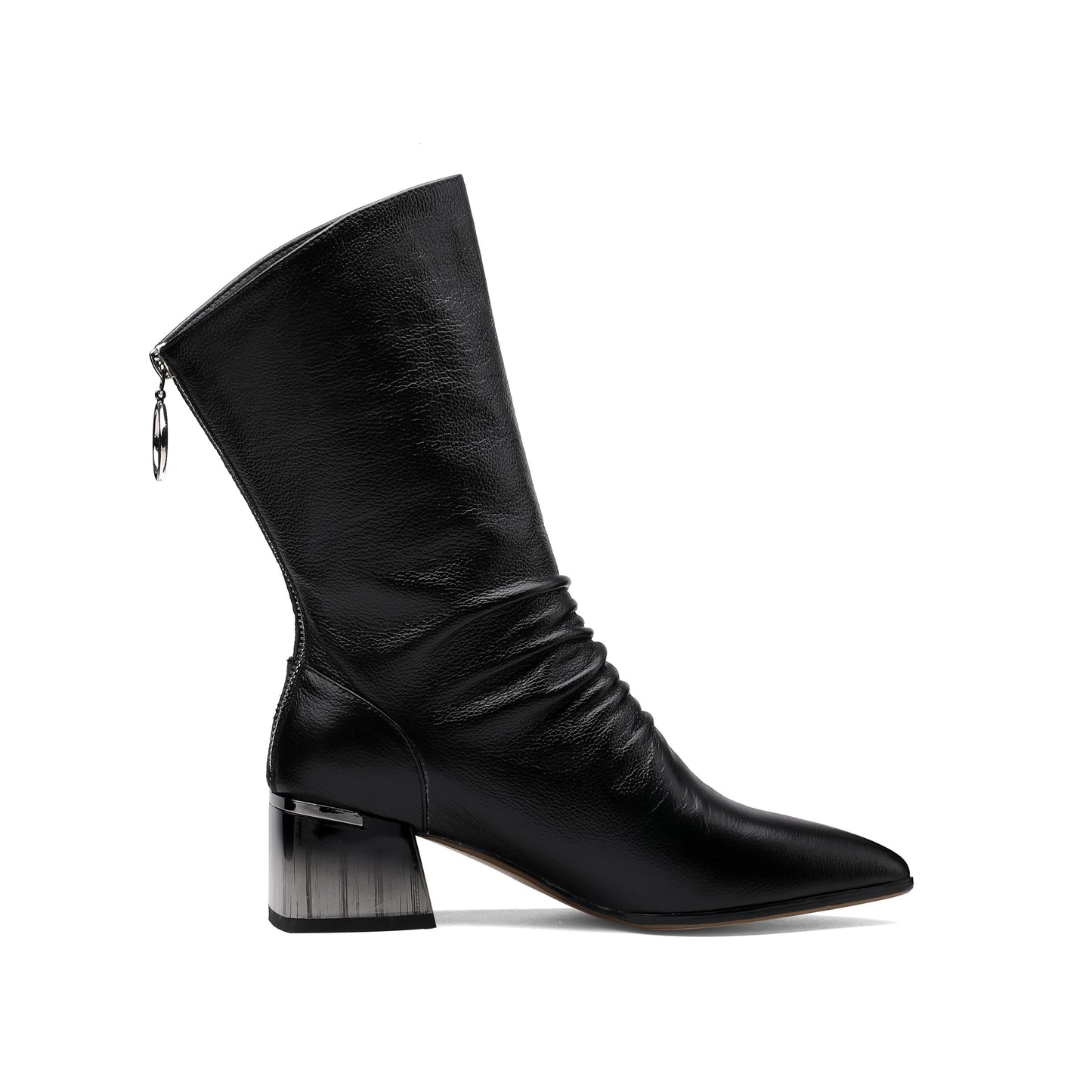 Nine Seven Women's Handmade Genuine Leather Pointed Toe Gradient Color Mid Block Heel Back Zip Up Trendy Ruffle Mid-Calf Boots